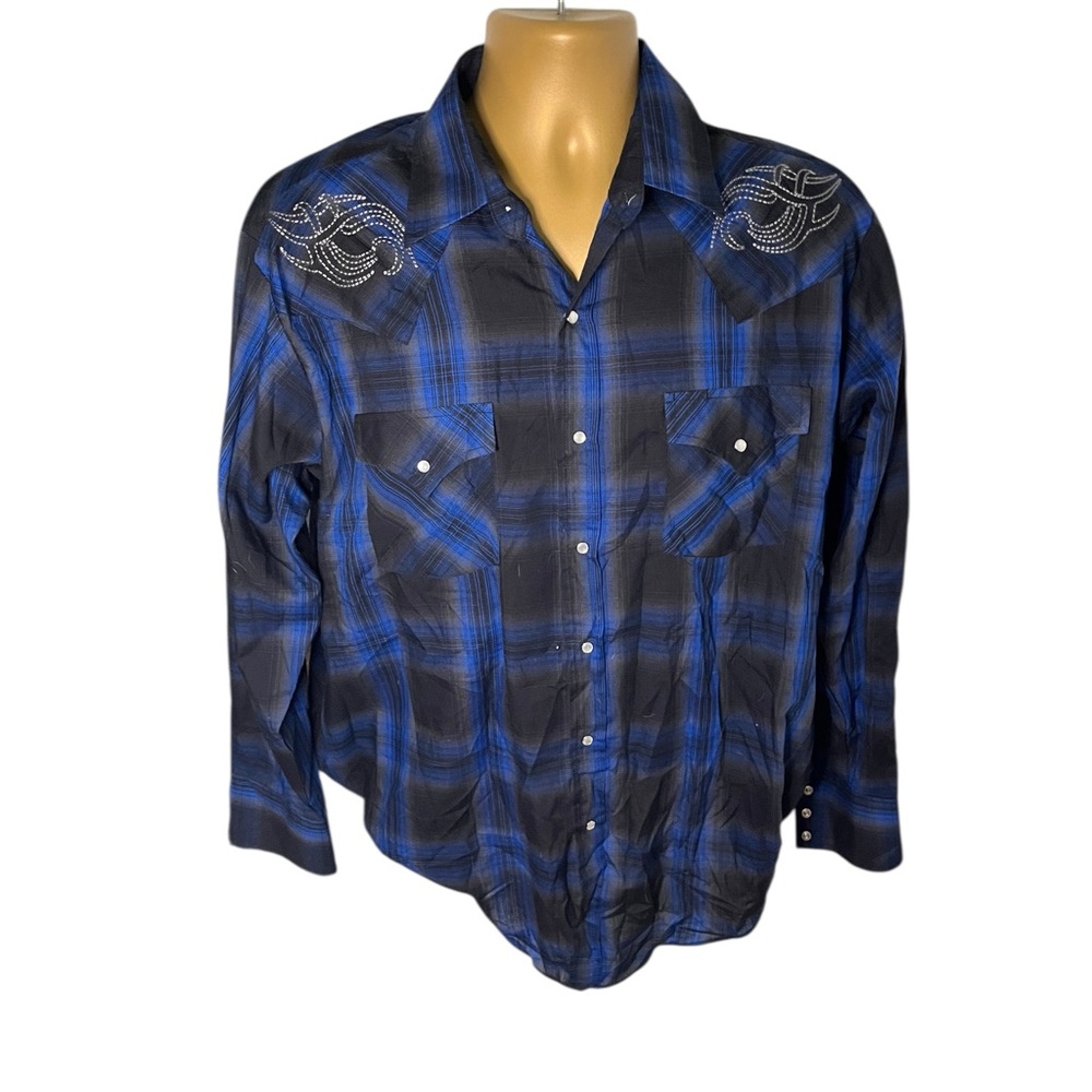 Y2K Plains Western Wear Pearl Snap Shirt Embroidered Yoke Plaid Blue Large
